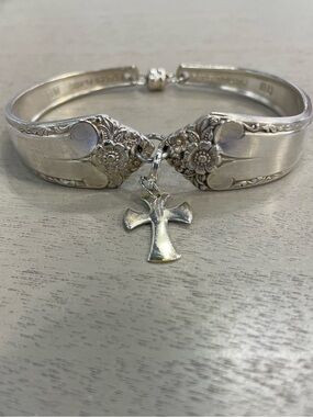 Vintage 1953 Heritage Spoon Bracelet Cross Charm Upcycled Silverplate Cuff